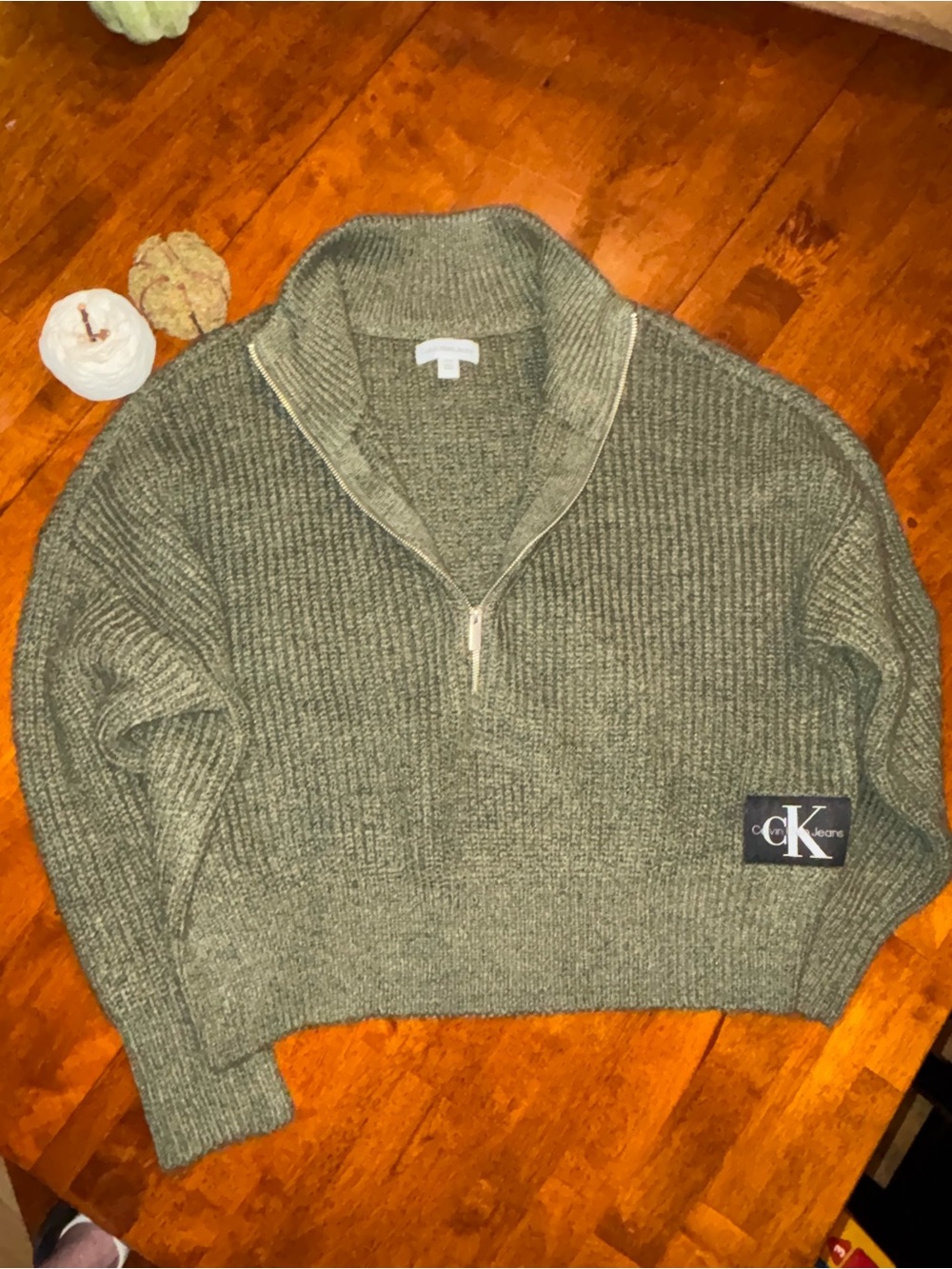 Calvin Klein Olive Ribbed Half‑Zip Cropped Turtleneck Sweater